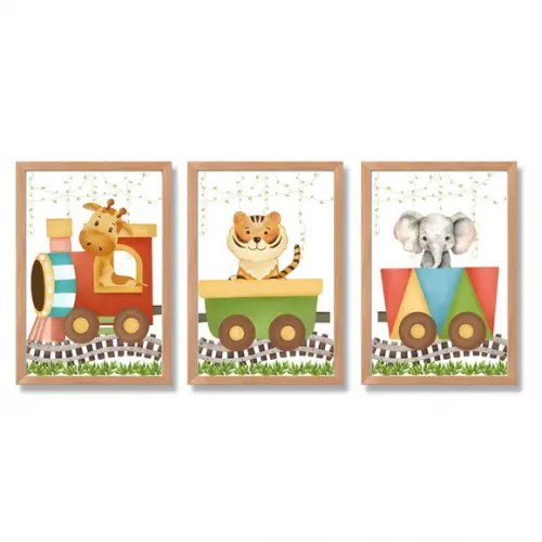 Quadro Infantil Safari Madeira com Vidro Decorativo 23x33 cm