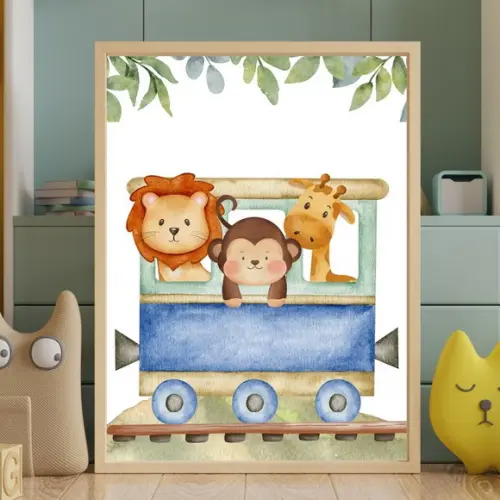 Quadro Infantil Safari Trem Vidro Moldura Madeira Bebê 23x33