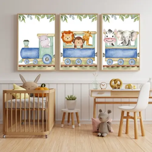 Quadro Infantil Safari Trem Vidro Moldura Madeira Bebê 23x33