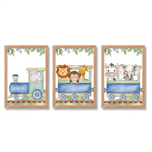 Quadro Infantil Safari Trem Vidro Moldura Madeira Bebê 23x33