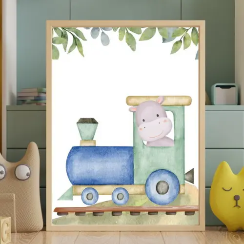 Quadro Infantil Safari Trem Vidro Moldura Madeira Bebê 23x33