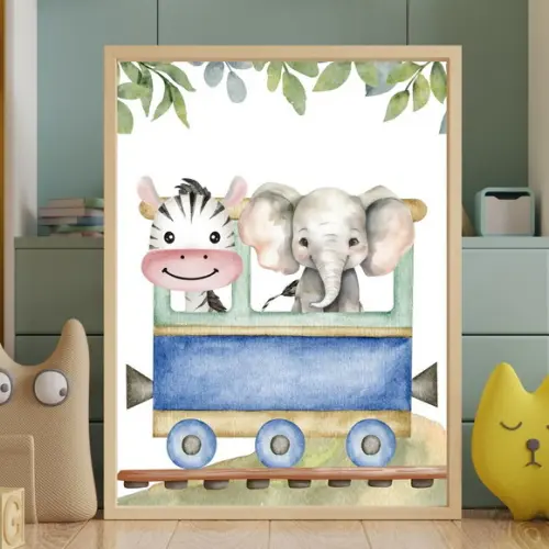 Quadro Infantil Safari Trem Vidro Moldura Madeira Bebê 23x33