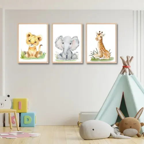 Quadro Infantil Tema Safari Moldura Pinus com Vidro 33x43 cm