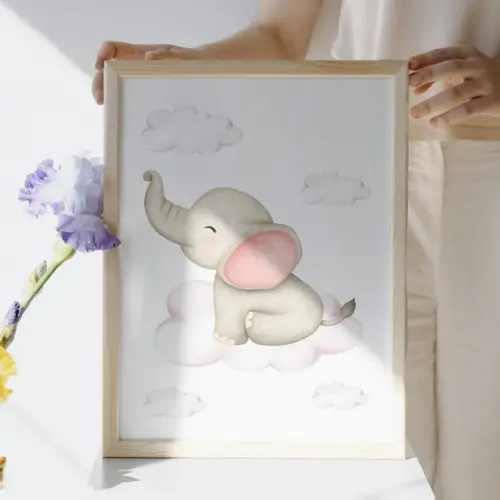 Quadro Infantil Tema Elefante para Bebê Menina com Vidro