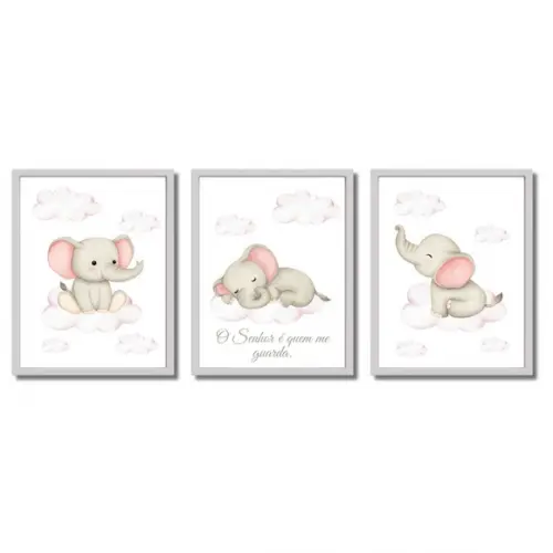 Quadro Infantil Tema Elefante para Bebê Menina com Vidro