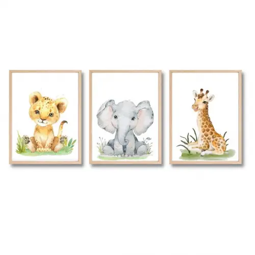 Quadro Infantil Tema Safari Moldura Pinus com Vidro 33x43 cm