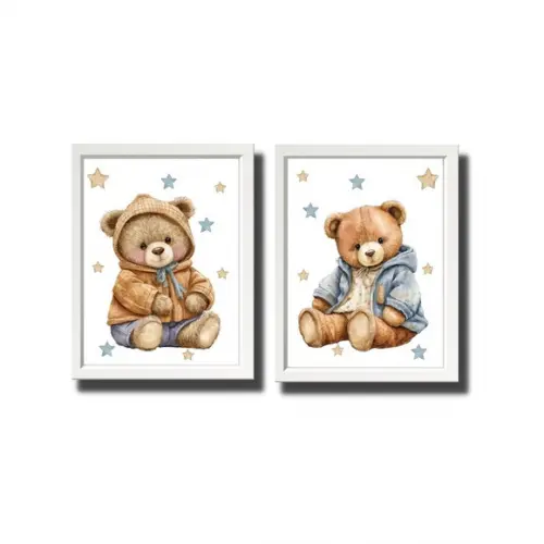 Quadro Infantil Tema Urso Decoração Bebê Moldura com Vidro