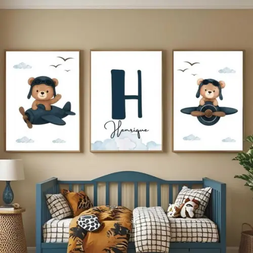 Quadro Infantil Urso Aviador com Nome da Criança com Vidro