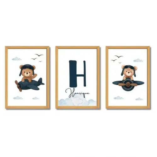 Quadro Infantil Urso Aviador com Nome da Criança com Vidro