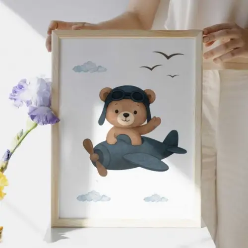 Quadro Infantil Urso Aviador com Nome da Criança com Vidro