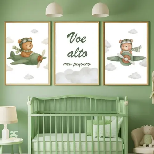 Quadro Infantil Voe Alto Meu Pequeno Urso Aviador com Vidro