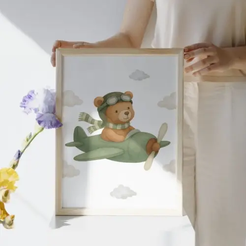 Quadro Infantil Voe Alto Meu Pequeno Urso Aviador com Vidro