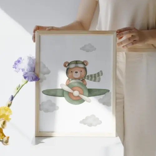 Quadro Infantil Voe Alto Meu Pequeno Urso Aviador com Vidro
