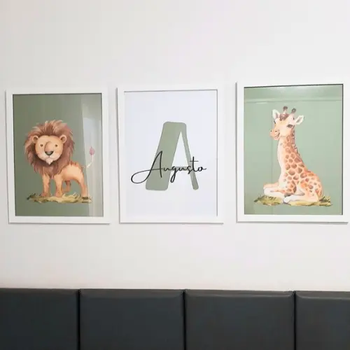 Quadro Leão Girafa Personalizado Nome para Quarto de Criança