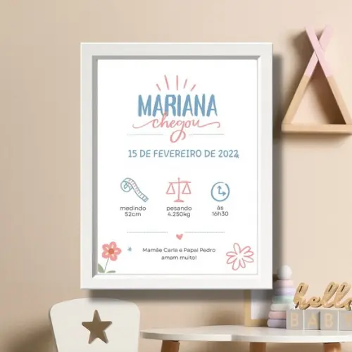 Quadro Menina com Informações de Nascimento 33x43 cm