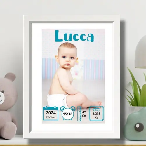 Quadro Nascimento Bebe Azul Editavel Quarto de Menino 33x43