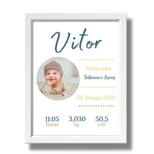 Quadro Nascimento Bebe Azul Editar Maternidade 33x43 c Vidro