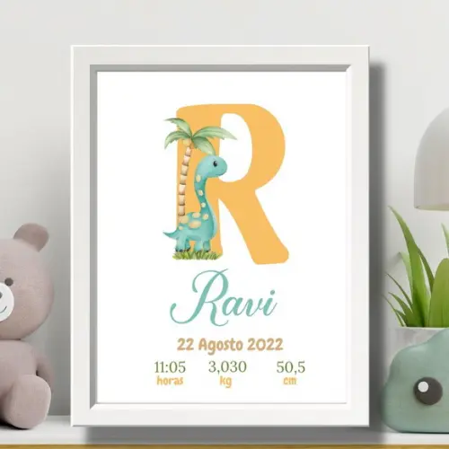 Quadro Nascimento Bebe Dino Editar Maternidade 33x43 c Vidro