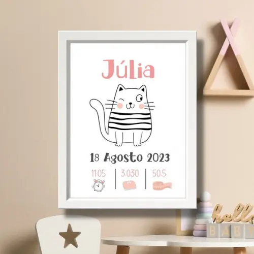 Quadro Nascimento Bebe Editar Quarto de Menina Gata 33x43