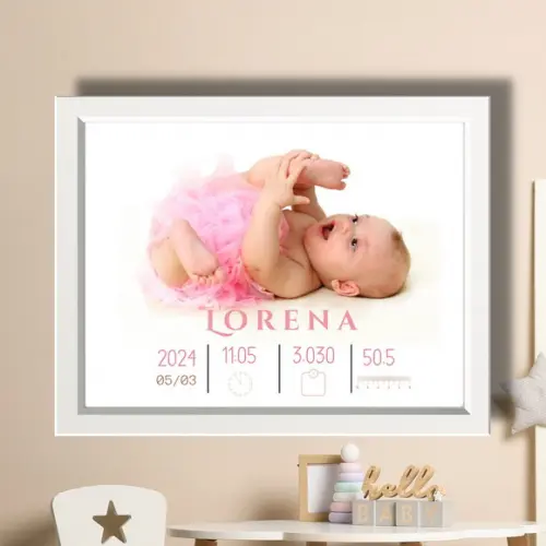 Quadro Nascimento Bebe Menina com Foto 33x43 Moldura e Vidro