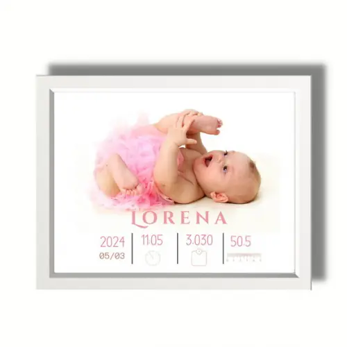 Quadro Nascimento Bebe Menina com Foto 33x43 Moldura e Vidro