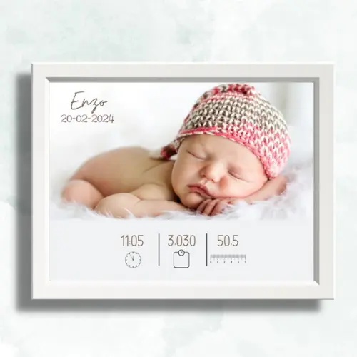 Quadro Nascimento Bebe Menino com Foto 33x43 Moldura e Vidro