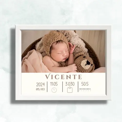 Quadro Nascimento Bebe Menino Editar Moldura com Vidro 33x43