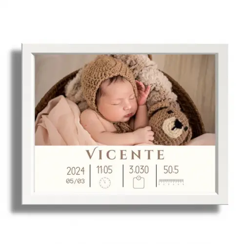 Quadro Nascimento Bebe Menino Editar Moldura com Vidro 33x43