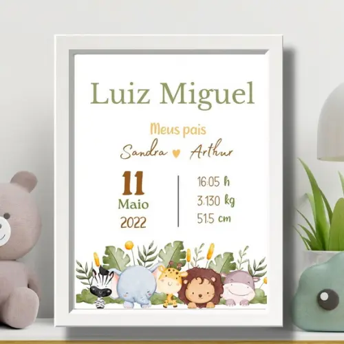 Quadro Nascimento Bebe Menino Moldura Branca 33x43 com Vidro