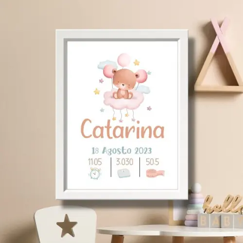 Quadro Nascimento Bebe Quarto de Menina com Moldura 33x43cm