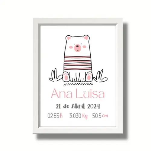 Quadro Nascimento Bebe Ursinho Editar Quarto de Menina 33x43