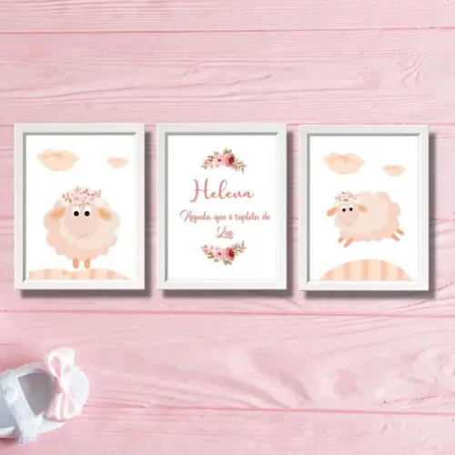 Quadro Ovelha para Quarto de Menina com Nome 30x40 com Vidro