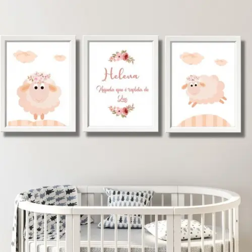 Quadro Ovelha para Quarto de Menina com Nome 30x40 com Vidro
