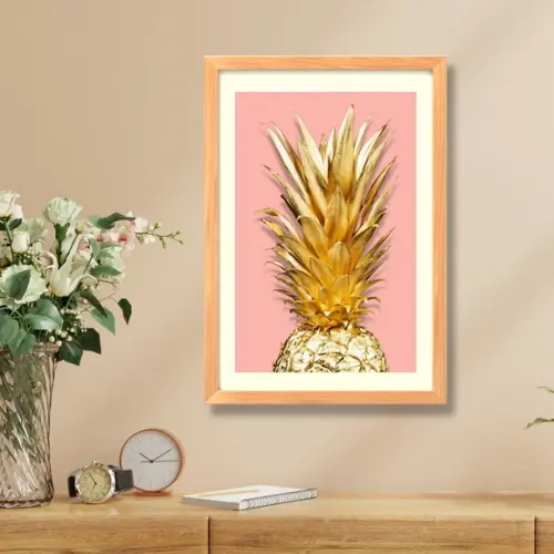 Quadro para Cozinha Fruta Abacaxi Fundo Rosa 30x40cm