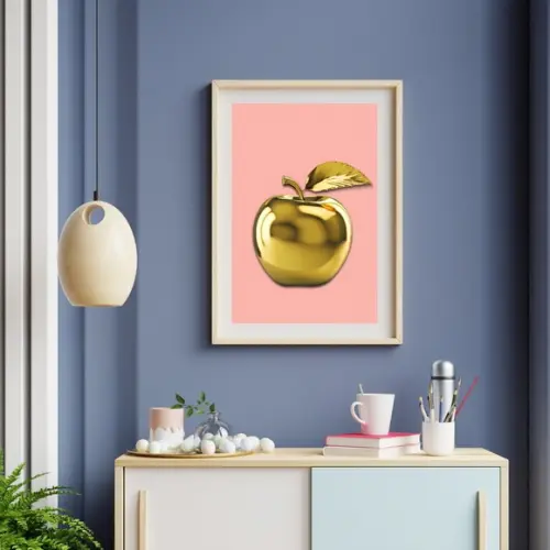 Quadro para Cozinha Fruta Maçã Fundo Rosa 30x40 cm com Vidro