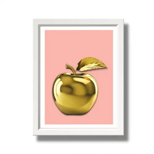 Quadro para Cozinha Fruta Maçã Fundo Rosa 30x40 cm com Vidro