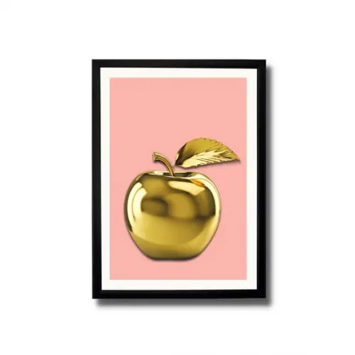 Quadro para Cozinha Fruta Maçã Fundo Rosa 30x40 cm com Vidro