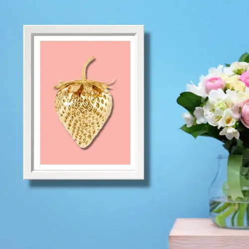 Quadro para Cozinha Fruta Morango Fundo Rosa 30x40 cm