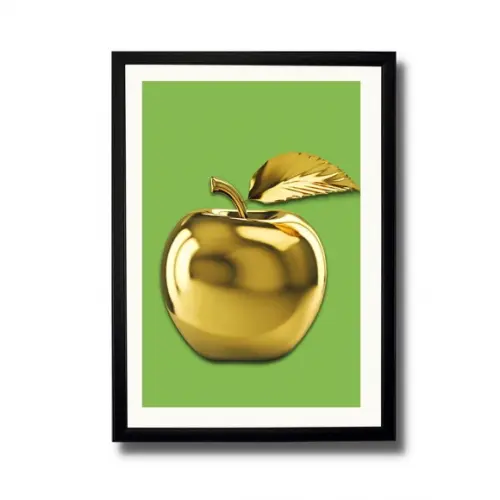 Quadro para Cozinha Fruta Maçã Fundo Verde 30x40cm com Vidro