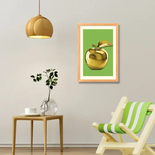 Quadro para Cozinha Fruta Maçã Fundo Verde 30x40cm com Vidro