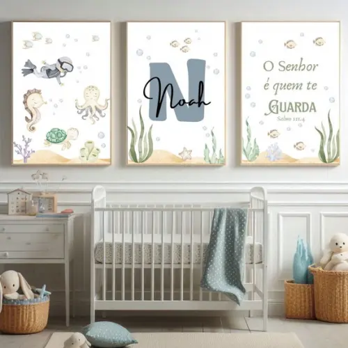 Quadro para Quarto de Bebê | Fundo do Mar Versículo Bíblico