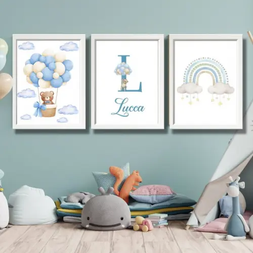 Quadro para Quarto de Bebe Urso Balão Personalizado 33x43 cm