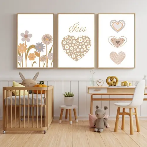 Quadro para Quarto de Menina Boho Flores com Nome e Vidro