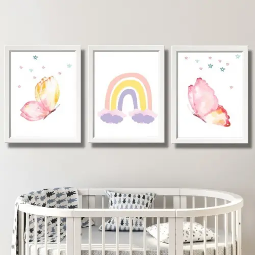 Quadro para Quarto de Menina Arco Ires Borboletas 33x43 cm
