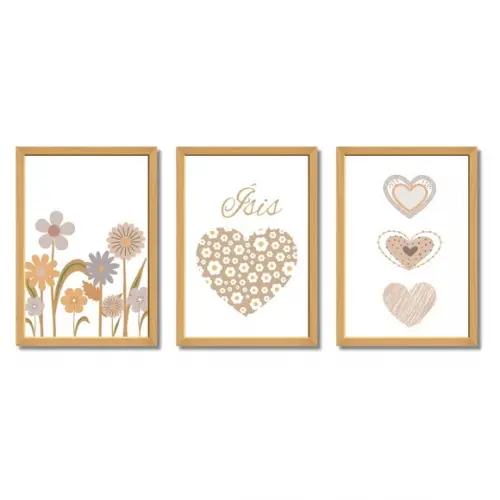Quadro para Quarto de Menina Boho Flores com Nome e Vidro