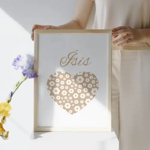 Quadro para Quarto de Menina Boho Flores com Nome e Vidro