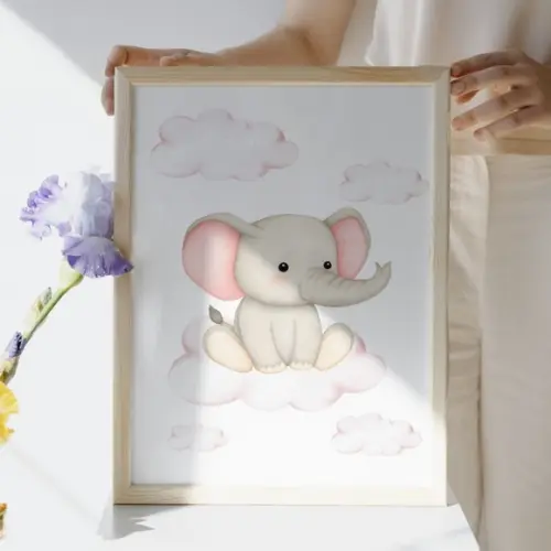 Quadro para Quarto Menina Elefantinho Rosa Moldura com Vidro