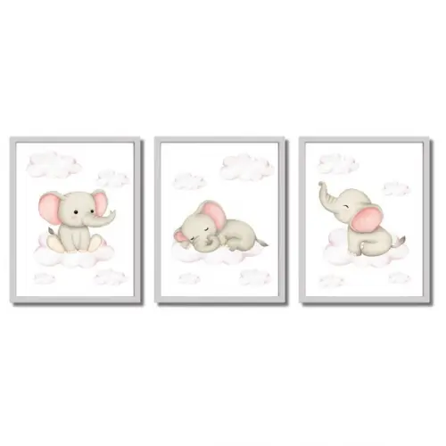 Quadro para Quarto Menina Elefantinho Rosa Moldura com Vidro