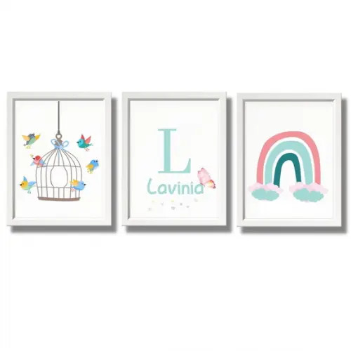 Quadro Passaros e Arco Ires com Nome do Bebe Menina 33x43cm
