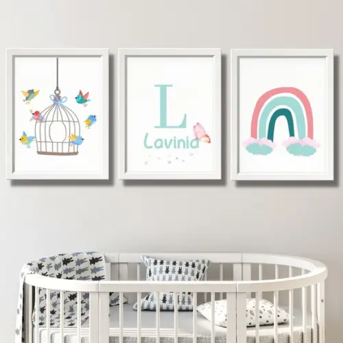 Quadro Passaros e Arco Ires com Nome do Bebe Menina 33x43cm
